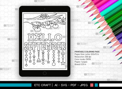 September Month Printable Coloring Page Cut File, PDF Colouring Book, Instant Download, CBP00019 SVG ETC Craft 