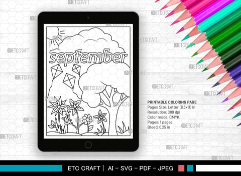 September Month Printable Coloring Page Cut File, PDF Colouring Book, Instant Download, CBP00019 SVG ETC Craft 