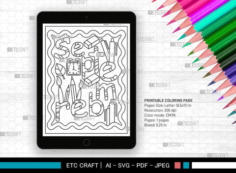 September Month Printable Coloring Page Cut File, PDF Colouring Book, Instant Download, CBP00019 SVG ETC Craft 