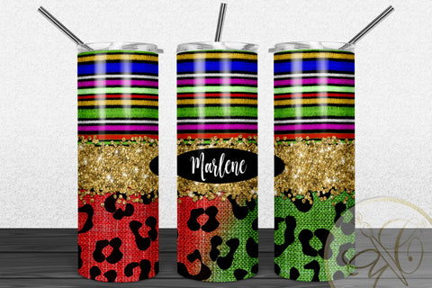 Serape and Leopard 20oz Skinny Tumbler Sublimation/ Gold Glitter/ Red and Green Leopard/ Animal Print Sublimation Marlene Campos 