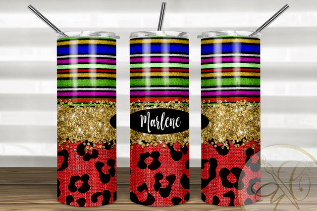 Serape and Leopard 20oz Skinny Tumbler Sublimation/ Gold Glitter/ Red Leopard/ Animal Print Sublimation Marlene Campos 