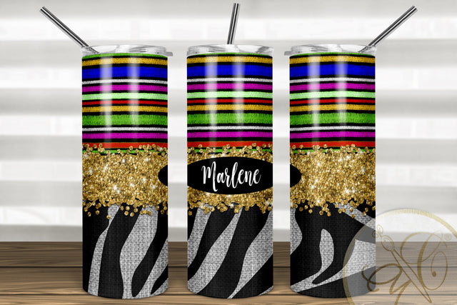 Serape and Zebra 20oz Skinny Tumbler Sublimation/ Gold Glitter/ Black and White zebra Sublimation Marlene Campos 