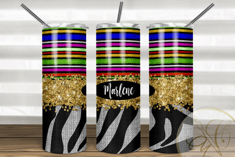 Serape and Zebra 20oz Skinny Tumbler Sublimation/ Gold Glitter/ Black and White zebra Sublimation Marlene Campos 