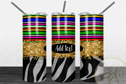 Serape and Zebra 20oz Skinny Tumbler Sublimation/ Gold Glitter/ Black and White zebra Sublimation Marlene Campos 