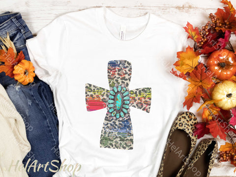 Serape Leopard Cross Png, Turquoise Stone Png Sublimation _HelArtShop_ 