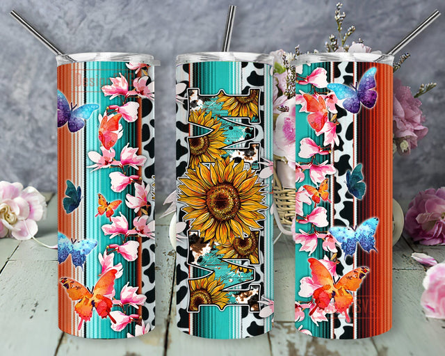 Serape Mom Tumbler Png, Mom Sunflower 20oz Skinny Tumbler, Aztec Cow Print Tumbler Wrap, Butterfly Floral Design Png, Mother's Day Gift, Western Mom Sublimation Design, Digital Download Sublimation DesignSVG 