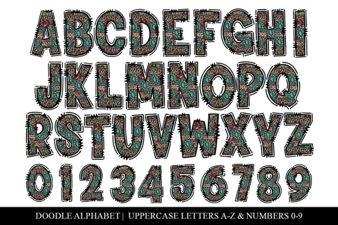 Serape, Teal & Leopard Letters, Western Doodle Alphabet Set Sublimation BijouBay 
