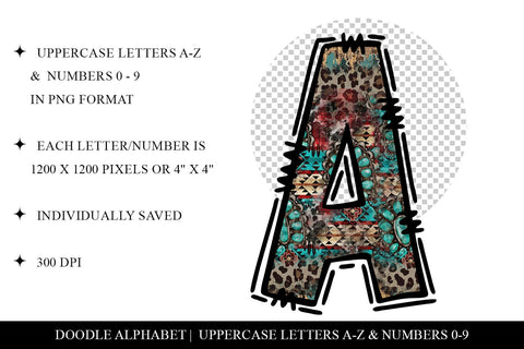 Serape, Teal & Leopard Letters, Western Doodle Alphabet Set Sublimation BijouBay 