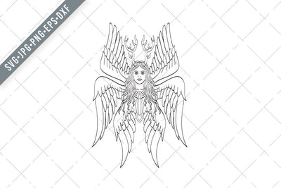 Seraph or Seraphim a Six-Winged Fiery Angel with Six Wings and Deer Antlers Tattoo Style Black and White SVG Patrimonio Designs Limited 