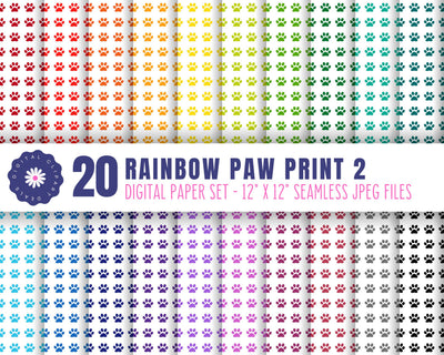 Set 2 - Rainbow Paw Print Digital Patterned Paper | Animal Paw Print Paper Set Sublimation Digital Clipart Deals 