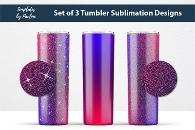 Set of 3 Blue Pink Glitter Seamless Sublimation Wraps, 20 oz Skinny Tumbler Sublimation Templates by Pauline 