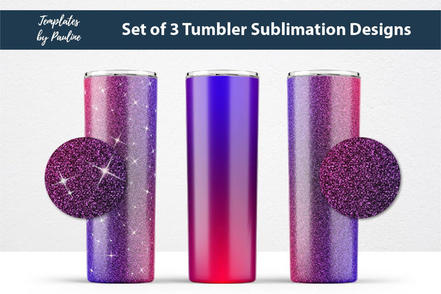 Set of 3 Blue Pink Glitter Seamless Sublimation Wraps, 20 oz Skinny Tumbler Sublimation Templates by Pauline 