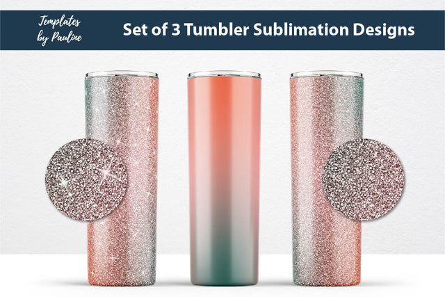 Set of 3 Orange Green Glitter Seamless Sublimation Wraps, 20 oz Skinny Tumbler Sublimation Templates by Pauline 