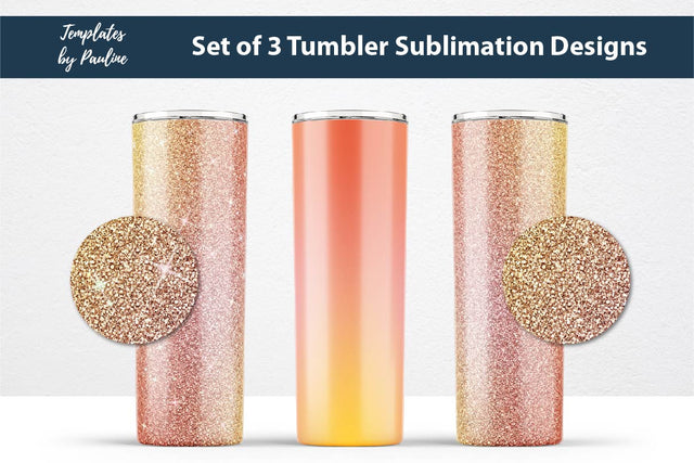 Set of 3 Orange Yellow Glitter Seamless Sublimation Wraps, 20 oz Skinny Tumbler Sublimation Templates by Pauline 
