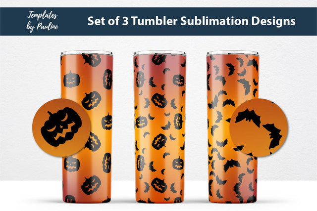 Set of 3 Seamless Halloween Pumpkin Sublimation Wraps for 20 oz Skinny Tumbler Sublimation Templates by Pauline 