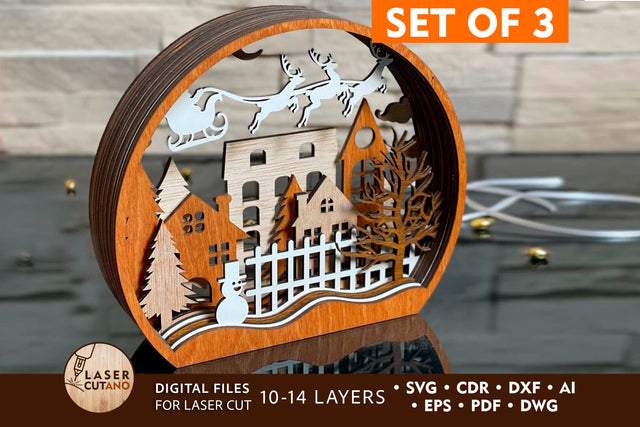 SET OF 3 SNOW GLOBE 3D Christmas Bundle Laser Cut Files, Multilayer Laser Cut Files, Mandala, Round Sign SVG, 3D Designs, Mini Design Bundles SVG LaserCutano 