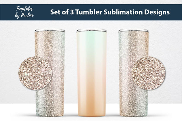 Set of 3 Teal Beige Glitter Seamless Sublimation Wraps, 20 oz Skinny Tumbler Sublimation Templates by Pauline 
