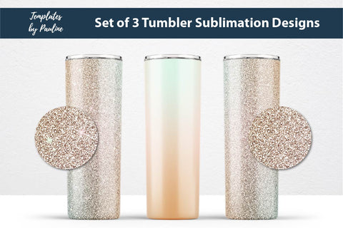 Set of 3 Teal Beige Glitter Seamless Sublimation Wraps, 20 oz Skinny Tumbler Sublimation Templates by Pauline 