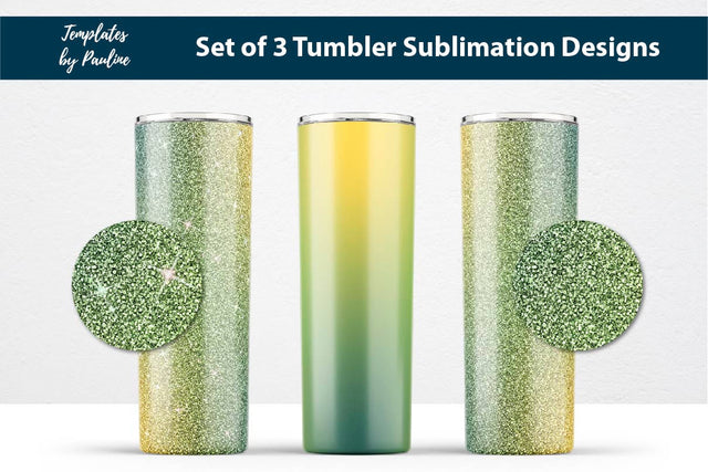 Set of 3 Yellow Green Glitter Seamless Sublimation Wraps, 20 oz Skinny Tumbler Sublimation Templates by Pauline 