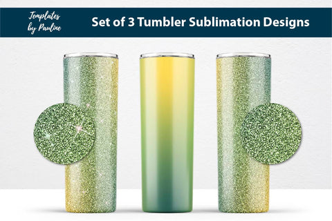 Set of 3 Yellow Green Glitter Seamless Sublimation Wraps, 20 oz Skinny Tumbler Sublimation Templates by Pauline 