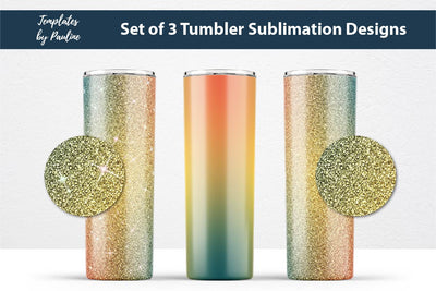 Set of 3 Yellow Green Glitter Seamless Sublimation Wraps, 20 oz Skinny Tumbler Sublimation Templates by Pauline 