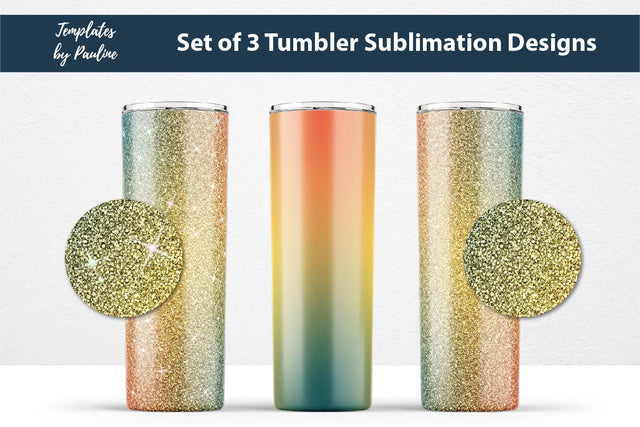 Set of 3 Yellow Green Glitter Seamless Sublimation Wraps, 20 oz Skinny Tumbler Sublimation Templates by Pauline 