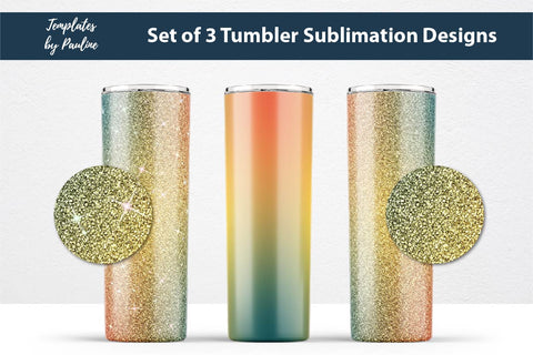 Set of 3 Yellow Green Glitter Seamless Sublimation Wraps, 20 oz Skinny Tumbler Sublimation Templates by Pauline 