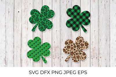 Set of 4 Shamrock or clover leaves made of Leopard print, buffalo plaid, arabesque tile SVG LaBelezoka 