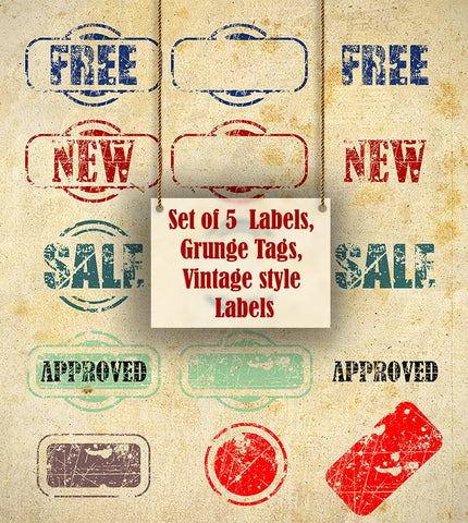 Set of 5 Digital Vintage Labels, Grunge Design SVG VectorSVGdesign 