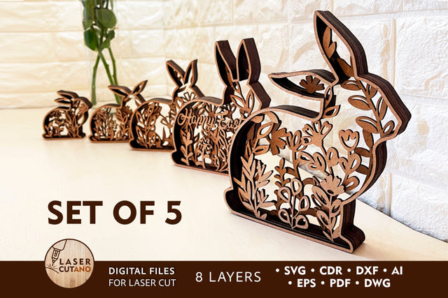 SET OF 5 EASTER RABBITS Multilayer Laser Cut Designs, Mandala, Round Sign SVG, 3D Designs, Mini Design Bundles, Multilayer Laser Cut Files SVG LaserCutano 