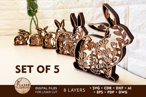 SET OF 5 EASTER RABBITS Multilayer Laser Cut Designs, Mandala, Round Sign SVG, 3D Designs, Mini Design Bundles, Multilayer Laser Cut Files SVG LaserCutano 