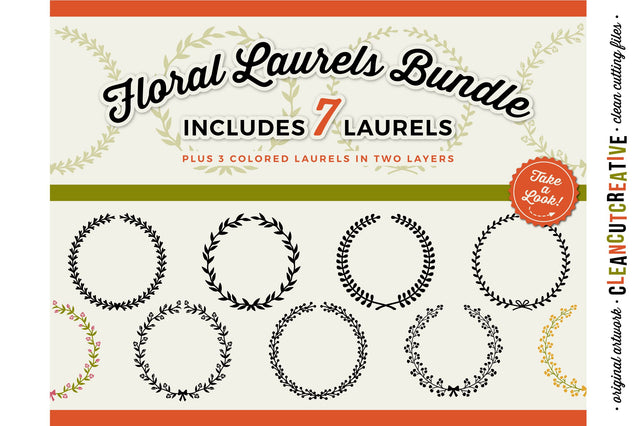 Set of 7 Floral Laurels - floral leaf circle frames - SVG cut files SVG CleanCutCreative 