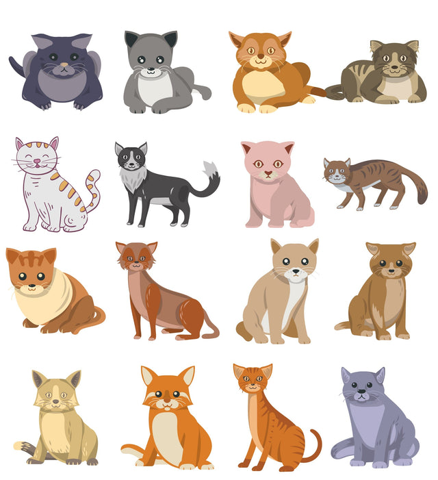 Set of cute cartoon kitties or cats with different colors and styles and markings standing, sitting, or walking vector illustration isolated on white background. SVG naemmiah021 