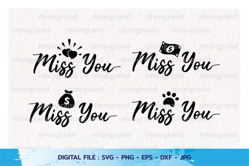 set of miss you with banknote, heart, money bag, cat Silhouette, PNG SVG File, Digital Download SVG nhongrand 