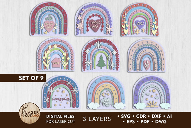 SET of RAINBOWS Multilayer Laser Cut Files, Mandala, Round SVG, 3D Designs, Mini Design Bundles SVG LaserCutano 