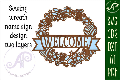 Sewing wreath welcome sign svg laser cut template SVG APInspireddesigns 