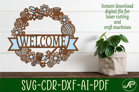 Sewing wreath welcome sign svg laser cut template SVG APInspireddesigns 