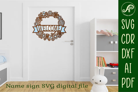 Sewing wreath welcome sign svg laser cut template SVG APInspireddesigns 