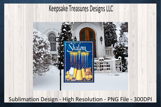 Shalom Garden Flag Template, Hanukkah Door Sign, Shalom Door Flag, Sublimation PNG Design, Wreath Attachment, Digital Download Sublimation Keepsake Treasures Designs LLC. 