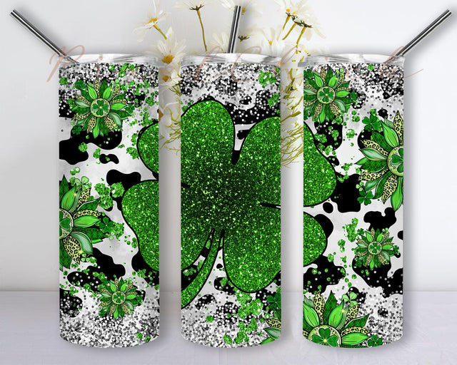 Shamrock Glitter Tumbler Design, St. Patrick's Day 20oz Skinny Tumbler, Shamrock Sunflower Design Png, Cow Print Tumbler Wrap, Lucky Irish Tumbler Png, Instant Download Sublimation PixelChick 