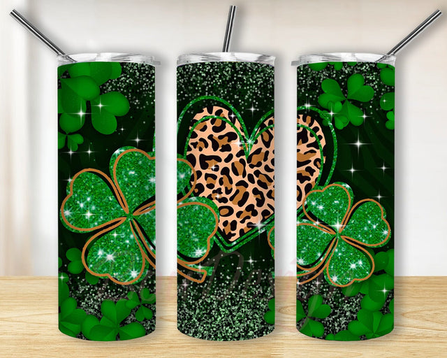 Shamrock Leopard Heart Tumbler Design, St. Patrick's Day 20oz Skinny Tumbler, Irish Day Tumbler Png, Clover Green Glitter Tumbler Wrap, Digital Download Sublimation BouDesign 