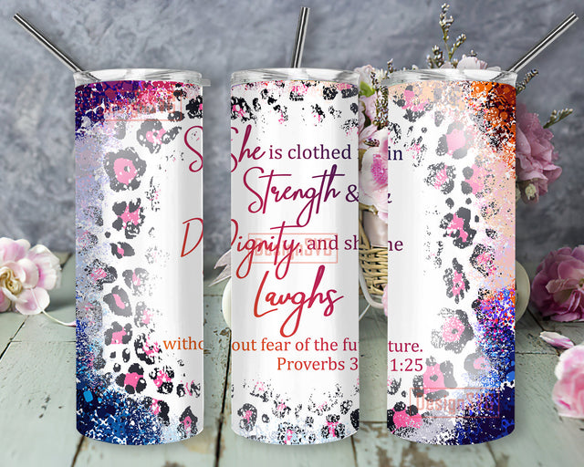 She is Clothed in Strength and Dignity Tumbler Wrap, Bible Verse Leopard 20oz Skinny Tumbler, Christian Quotes Sublimation Design, Digital Download Sublimation DesignSVG 