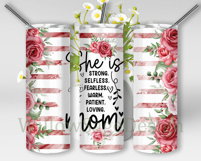 She Is Strong Quote 20oz Skinny Tumbler Png, Red Rose Gold Floral Sublimation, Mothers Day Tumbler, She Is Mom Tumbler, Floral Tumbler Wrap Seamless Designs Sublimation WillowSageDesign 
