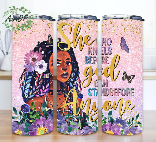 She Who Kneels Before God 20oz Skinny Tumbler Png, Afro African Women Tumbler, Glitter Faith Tumbler, Floral Afro Women Tumbler Sublimation AdriOP 