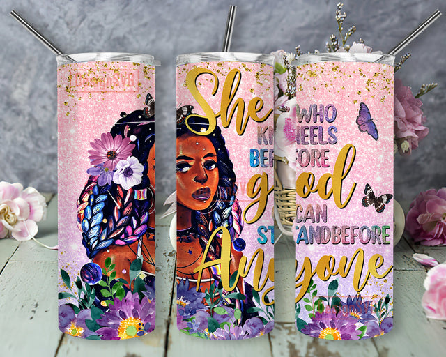 She Who Kneels Before God Tumbler Png, Black Women 20oz Skinny Tumbler, God Girl Design Tumbler, Afro Girl Glitter Png, Religious Sublimation Design, Instant Download Sublimation DesignSVG 