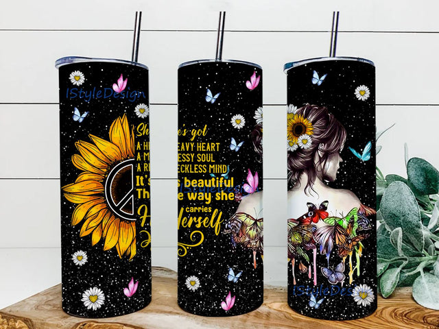 She’s got a heavy heart a messy soul a reckless mind It’s beautiful The way she carries Herself Tumbler Wrap 20oz Skinny Design Sublimation Sublimation iStyleDesign 