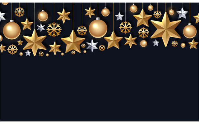 Shimmering golden snowflake Christmas balls and stars on black background hanging Christmas ornament SVG naemmiah021 