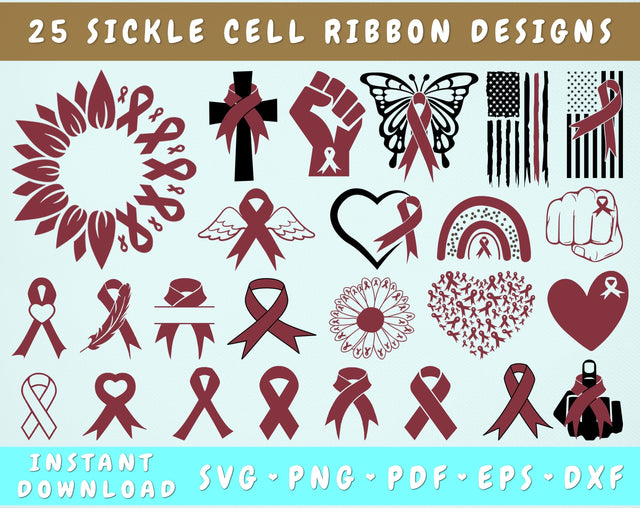 Sickle Cell Awareness SVG Bundle, 25 Designs, Sickle Cell Ribbon SVG, Sickle Cell Clipart, Burgundy Ribbon SVG, Sickle Cell PNG Files SVG HappyDesignStudio 