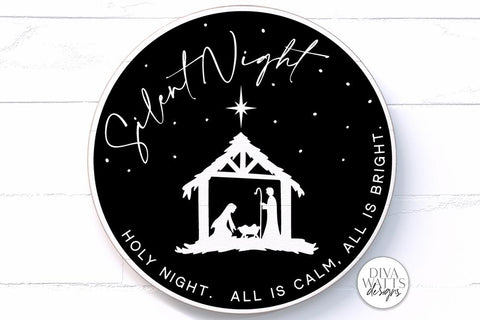 Silent Night Holy Night SVG | Christmas Nativity Scene Round Sign Design SVG Diva Watts Designs 