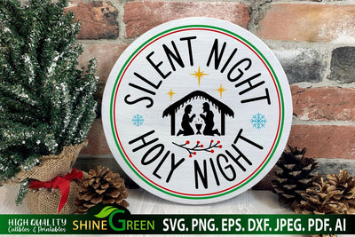Silent Night Holy Night SVG - Christmas Round Sign SVG Cut File SVG Shine Green Art 